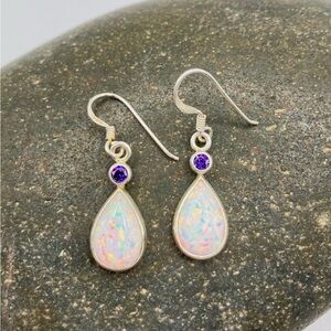 Sterling Silver 925 White Fire Opal & Amethyst Teardrop Dangle Earrings
